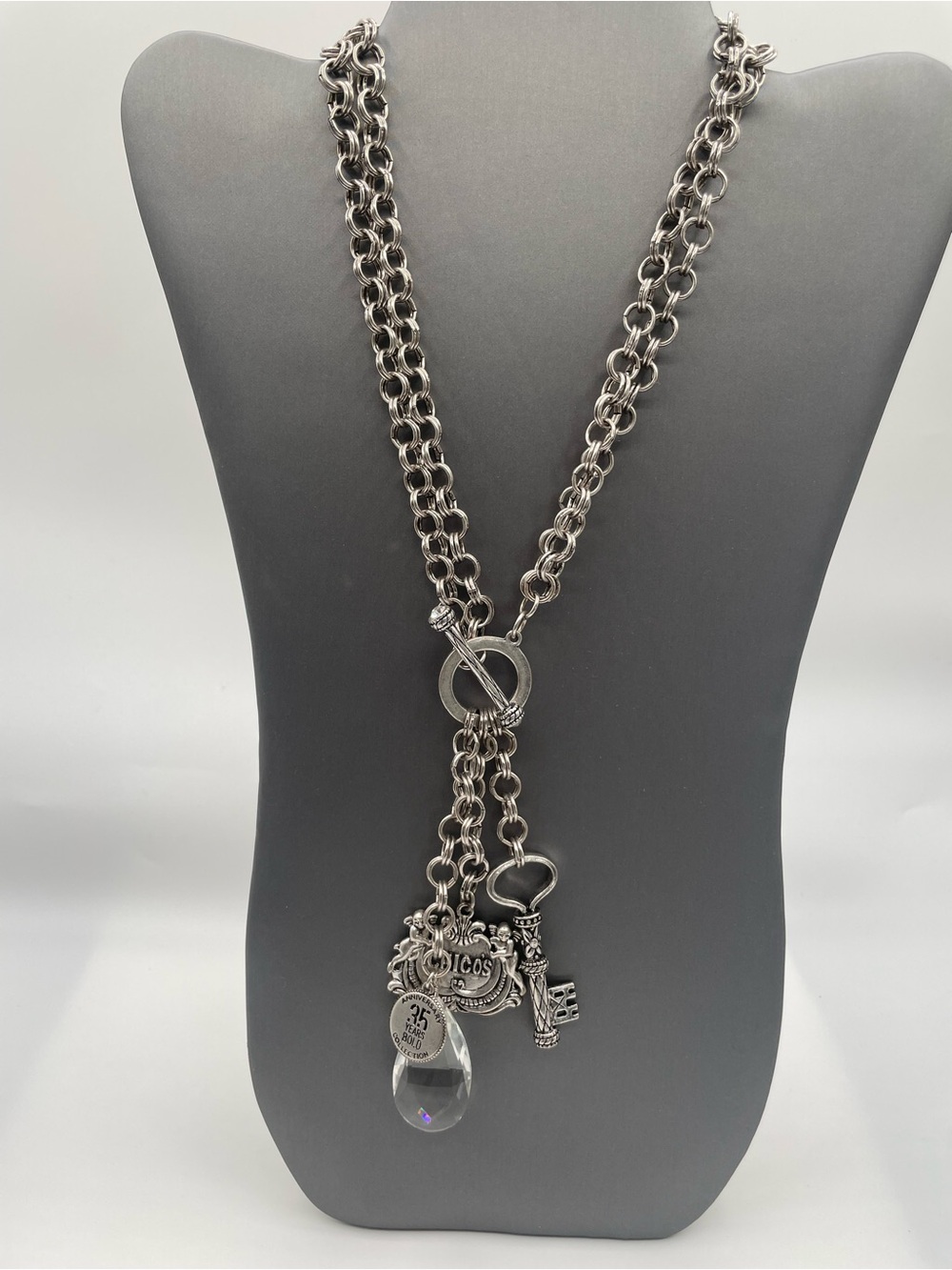 Chico's 35th Anniversary Silver Tone Double Chain Necklace with Charms Pendants